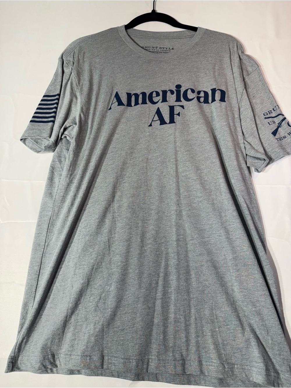 New Grunt Style Large American AF Short Sleeve T‑Shirt - Gray with Navy Print